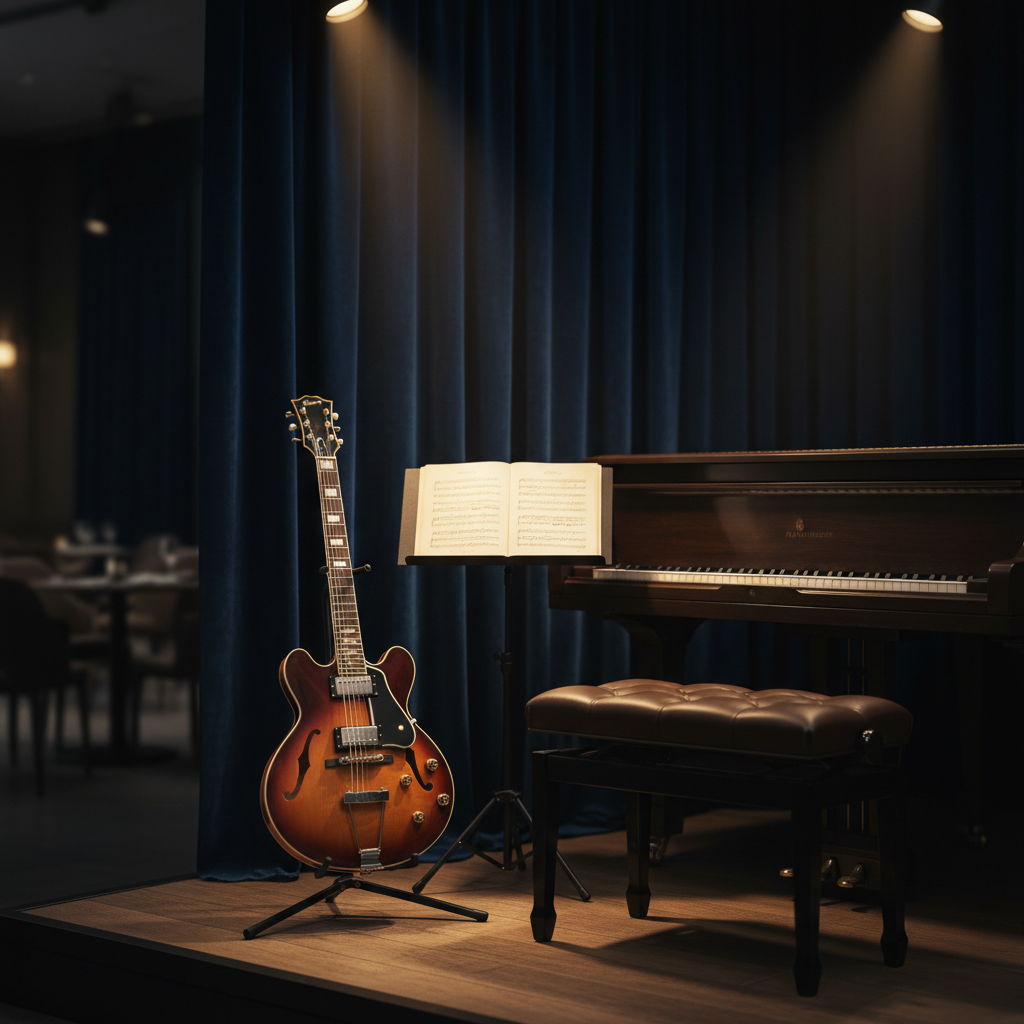 A meticulously arranged stage corner featuring a glossy semi-hollow jazz guitar on a stand, a rich mahogany upright piano, and a sleek black music stand holding cream-colored sheet music. Behind them, a deep navy velvet curtain falls in soft folds, subtly lit from above. Warm spotlights cast gentle pools of light on the instruments, leaving the rest of the room in a soft, blurred darkness. Captured in photographic realism from an eye-level, slightly off-center composition, with a shallow depth of field, the image conveys exclusivity, elegance, and the intimate ambiance of a premium cocktail hour or private event performance.